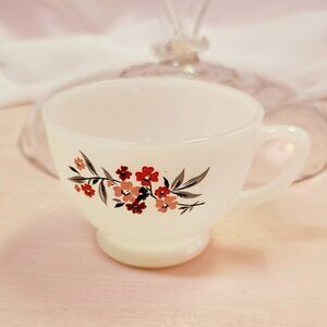 Fire King Primrose SINGLE Milk Glass Cup, Pink & Red Flowers, Vintage 1960-62